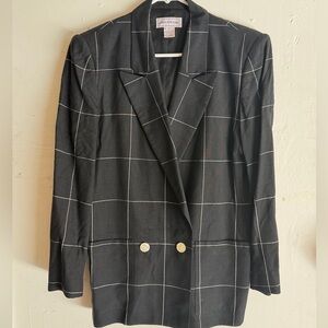 Jones New York Linen Blend Blazer 6 Black Windowpane Double Breasted